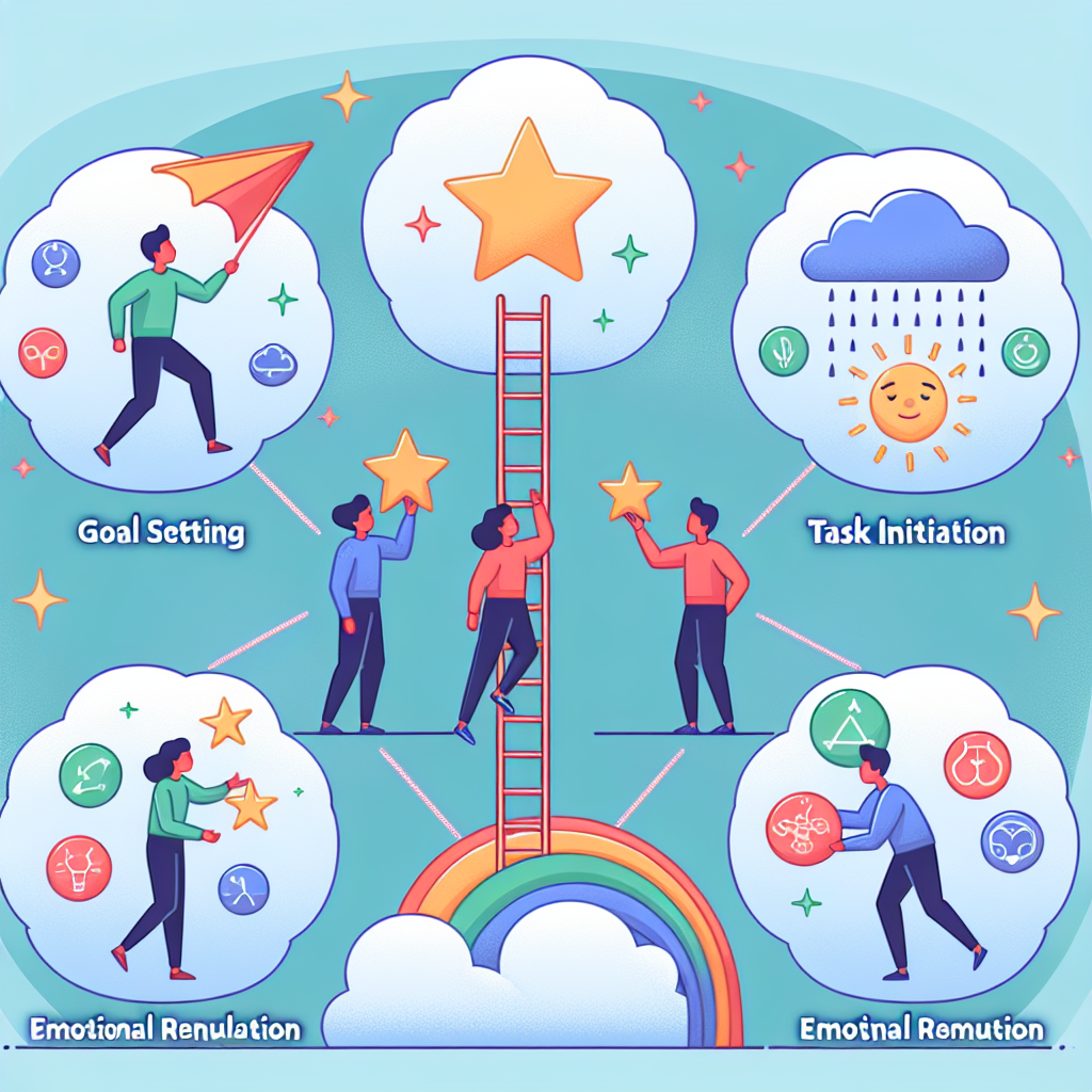 A colorful illustration depicting various cognitive behavioral therapy techniques for improving executive function, including goal setting, task initiation, emotional regulation, and working memory strategies.