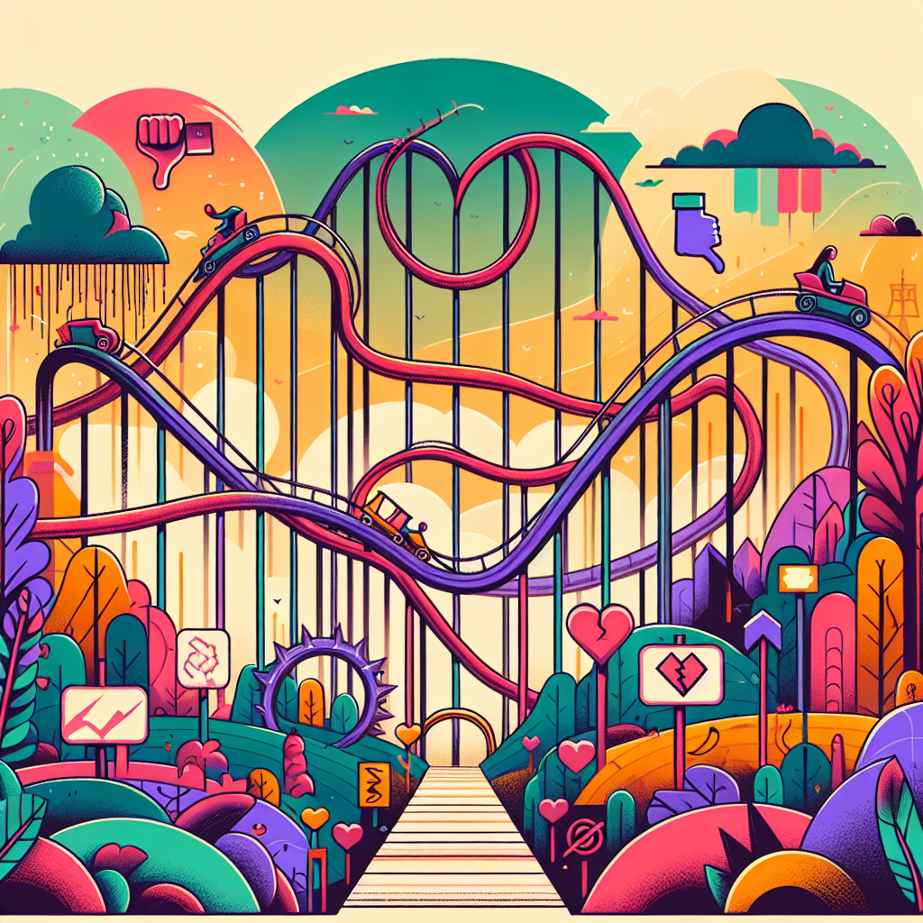 A vibrant illustration showing a rollercoaster representing emotional ups and downs in ADHD, with symbols of rejection like broken hearts and thumbs down scattered around