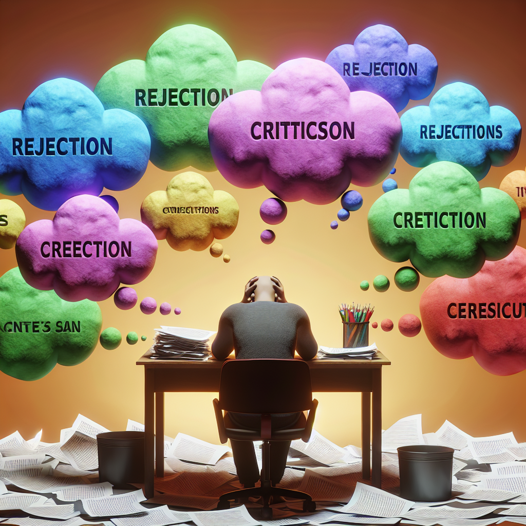 A person sitting at a desk looking overwhelmed by papers labeled 'rejection' and 'criticism', surrounded by colorful thought bubbles representing emotions like sadness and anxiety