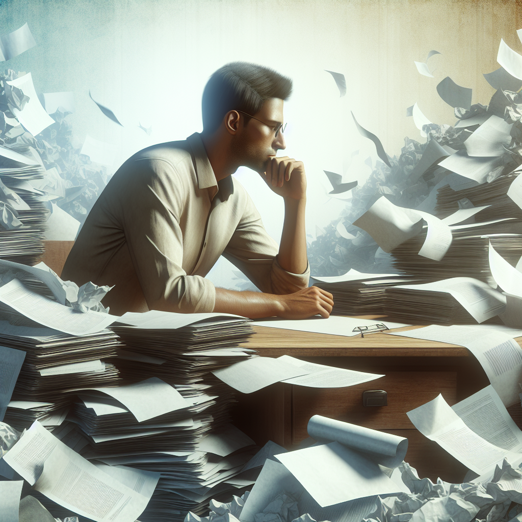 A thoughtful person sitting at a desk surrounded by papers representing anxiety and rejection, looking contemplative