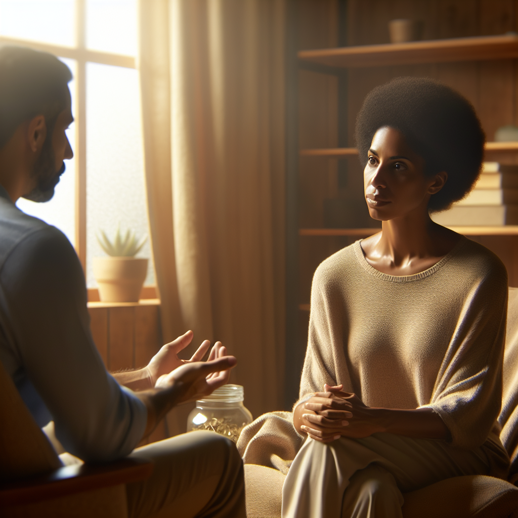 A serene therapy session in progress, showcasing an adult discussing emotions with a therapist in a cozy office setting
