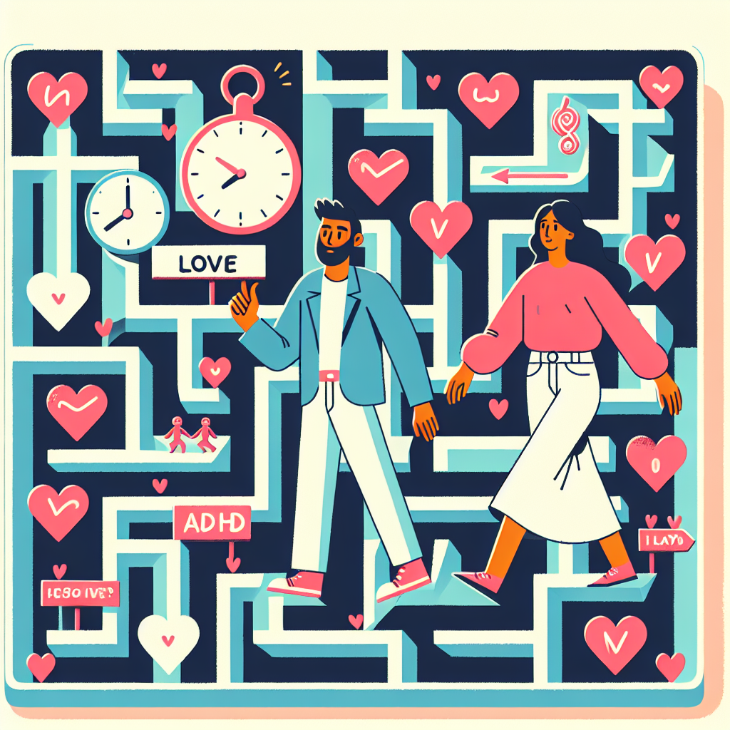 A whimsical illustration showing a couple navigating through a maze filled with heart symbols and ADHD-related icons like clocks and reminders
