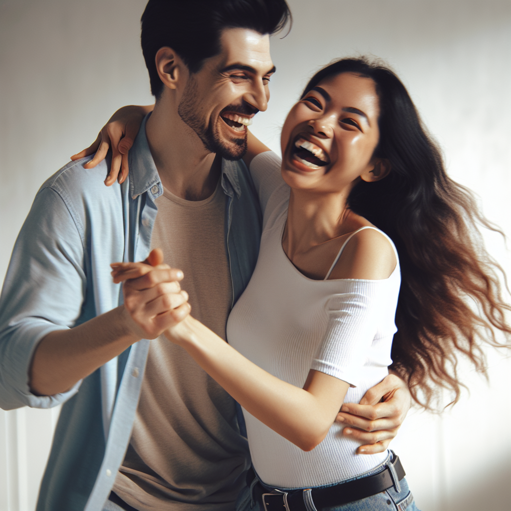 A couple dancing together in a lively manner, showcasing joy and connection despite challenges