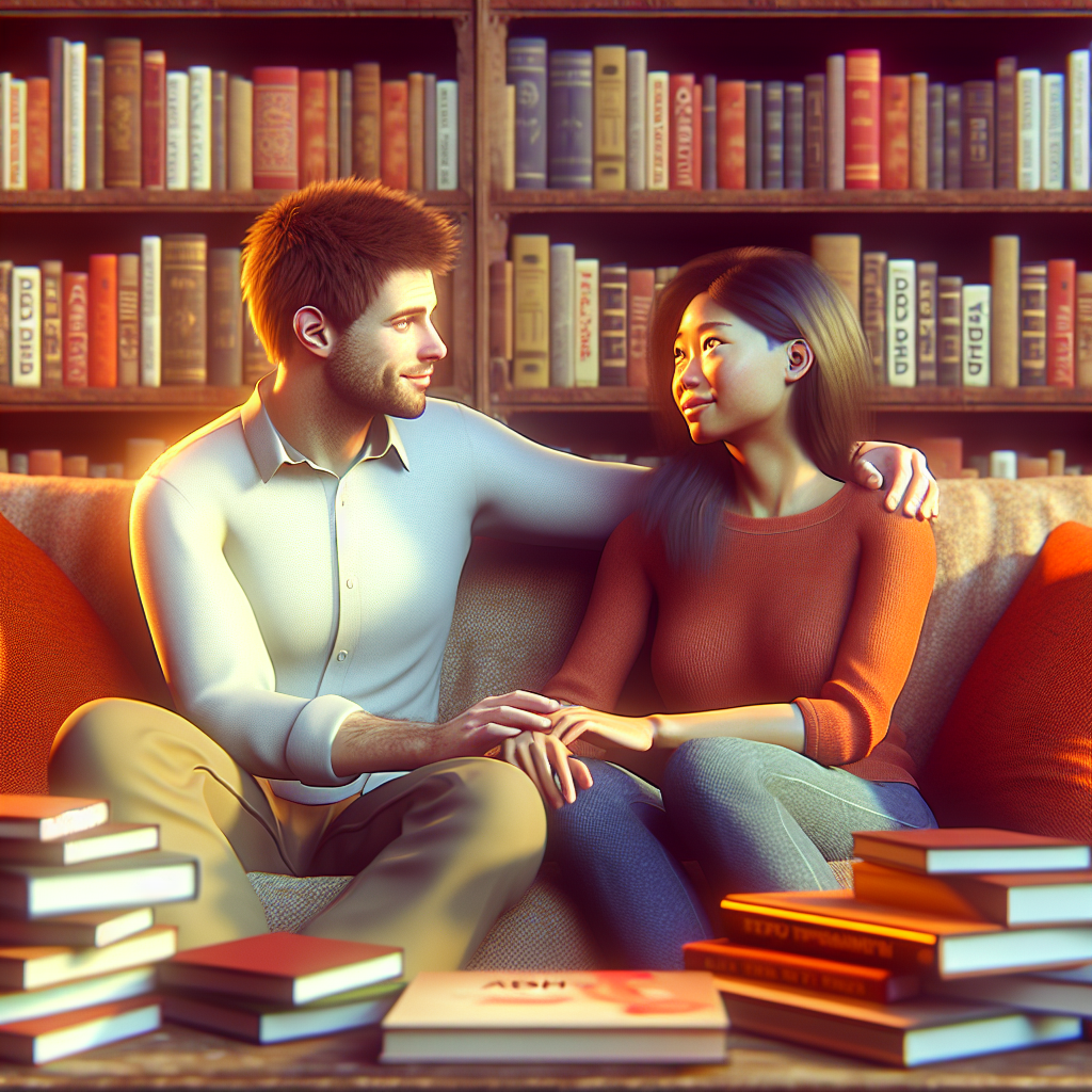 A couple communicating openly while sitting on a couch surrounded by books about ADHD