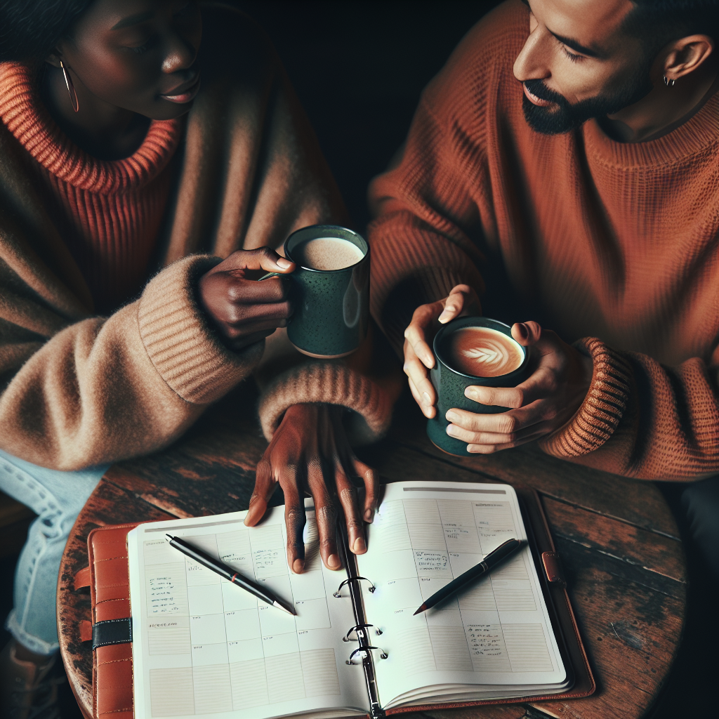 A couple sitting together at a cozy table with an open planner, discussing their week while sipping coffee