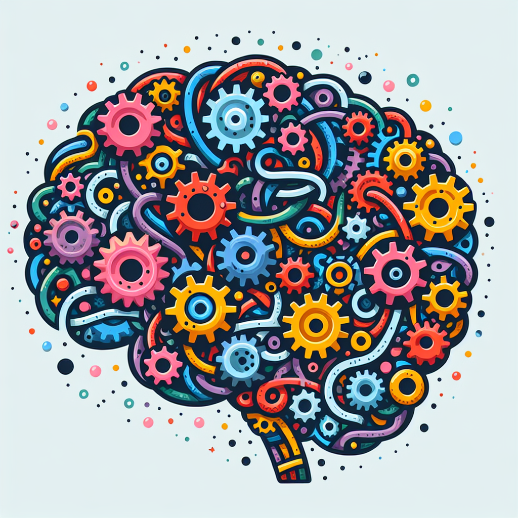 A colorful illustration showing a chaotic brain with gears representing executive functions like planning and organization