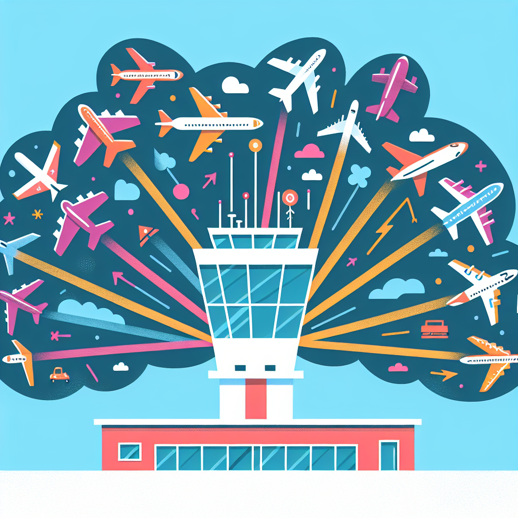 A colorful illustration showing an airport control tower managing planes representing thoughts and tasks in an ADHD brain
