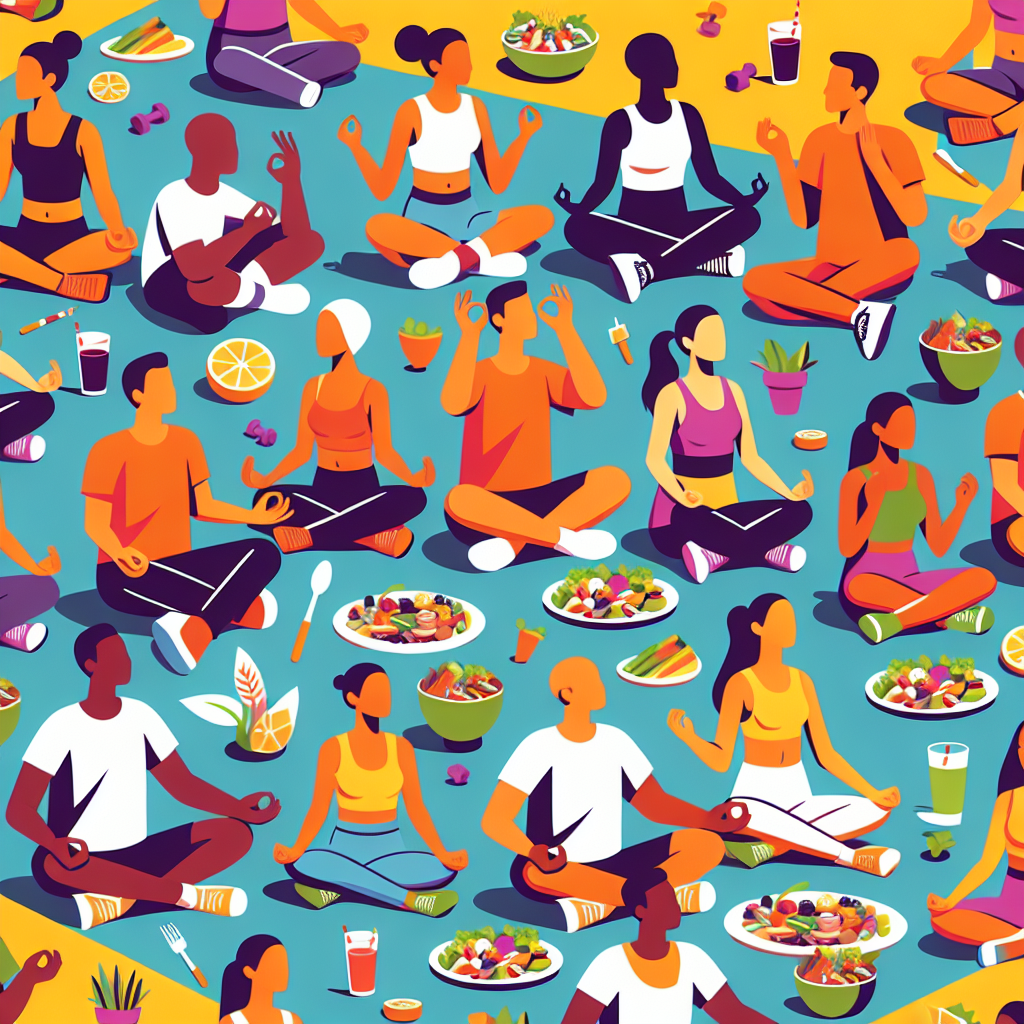 A vibrant illustration showing a diverse group of people engaging in mindfulness practices, exercising outdoors, and enjoying healthy foods together