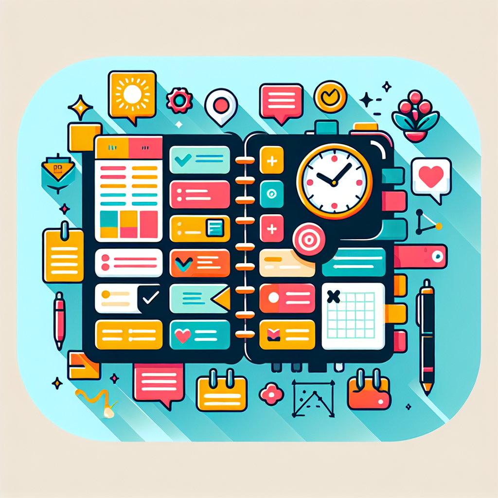 A colorful planner filled with notes, reminders, and a clock showing time blocking techniques