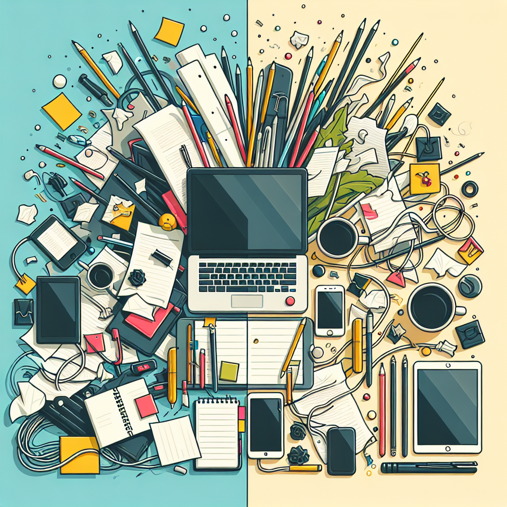 A colorful illustration showing a chaotic workspace transforming into an organized space, featuring planners, digital tools, and calming elements.
