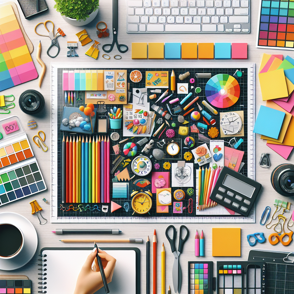A colorful workspace filled with organization tools like planners, sticky notes, and visual aids designed for individuals with ADHD