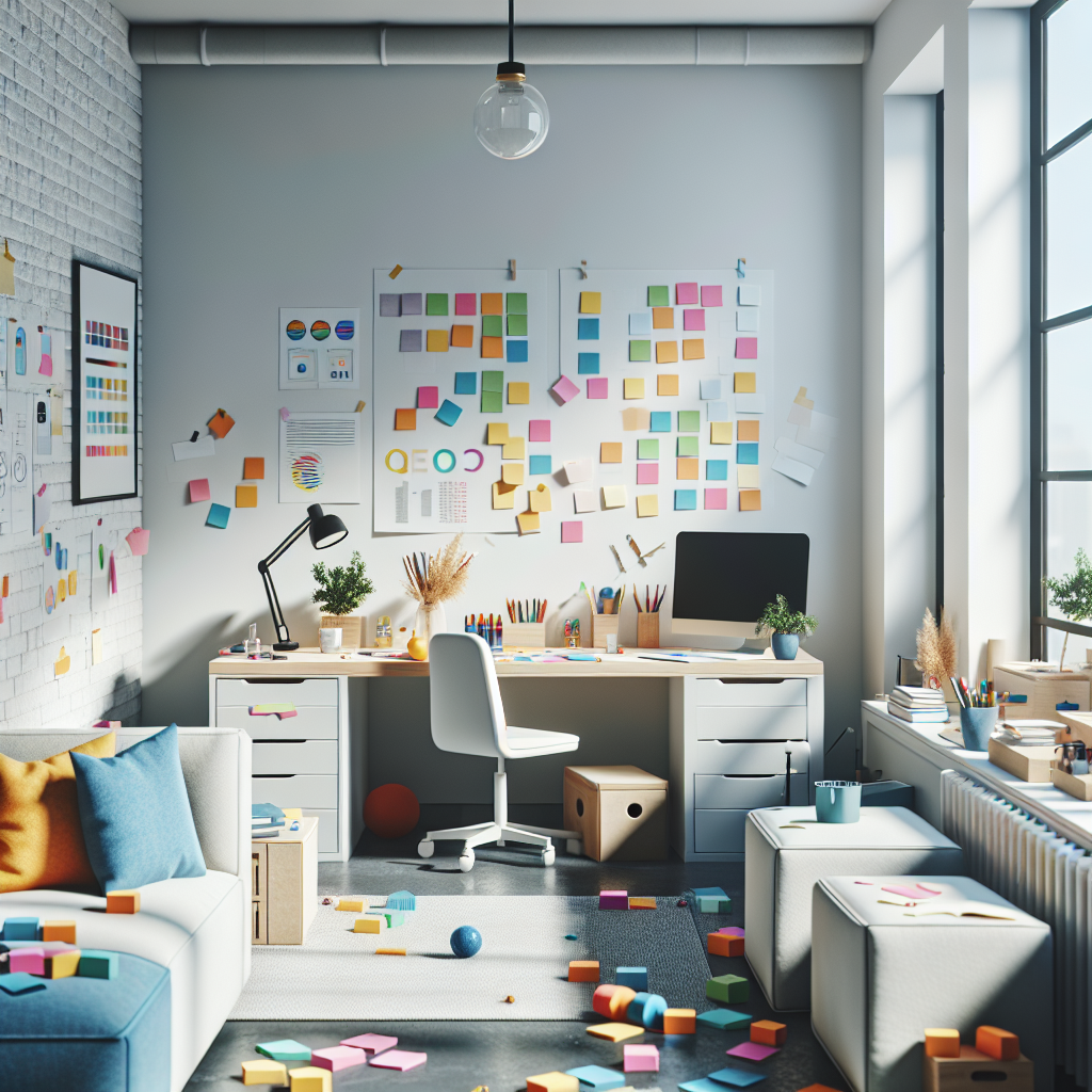 A bright and organized workspace designed for individuals with ADHD, featuring colorful sticky notes, minimal clutter, and visual aids.