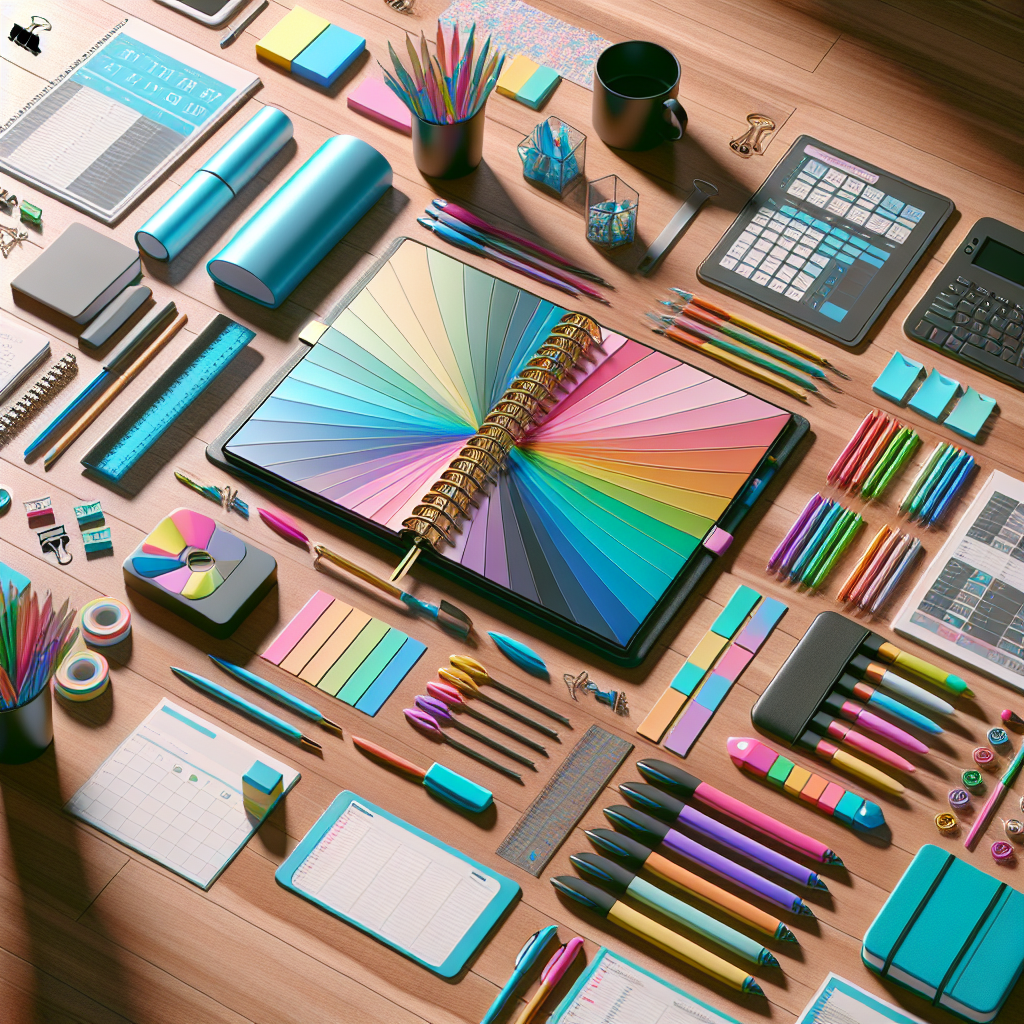 A colorful planner spread open on a desk surrounded by stationery items