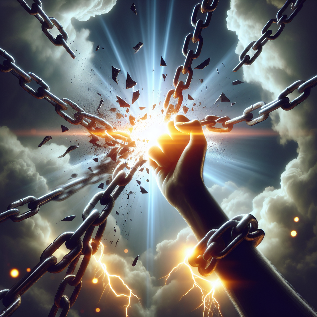 A symbolic representation showing chains breaking apart with light shining through, symbolizing liberation from past trauma