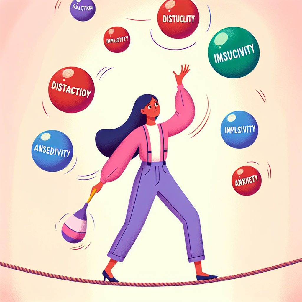 A whimsical illustration of a person juggling colorful balls labeled with various ADHD symptoms like 'distraction', 'impulsivity', 'anxiety', while balancing on a tightrope