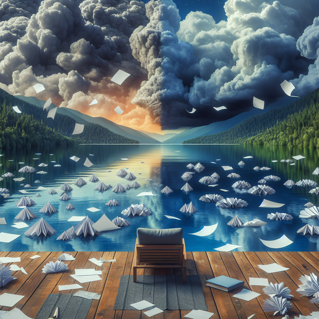 A serene landscape depicting calmness amidst chaos; showing elements representing ADHD (like scattered papers) and anxiety (like storm clouds), merging into a peaceful scene.