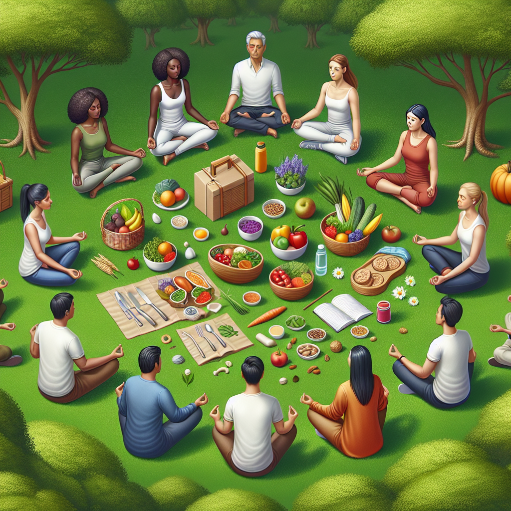 A serene scene depicting mental wellness techniques such as meditation, yoga, and healthy eating