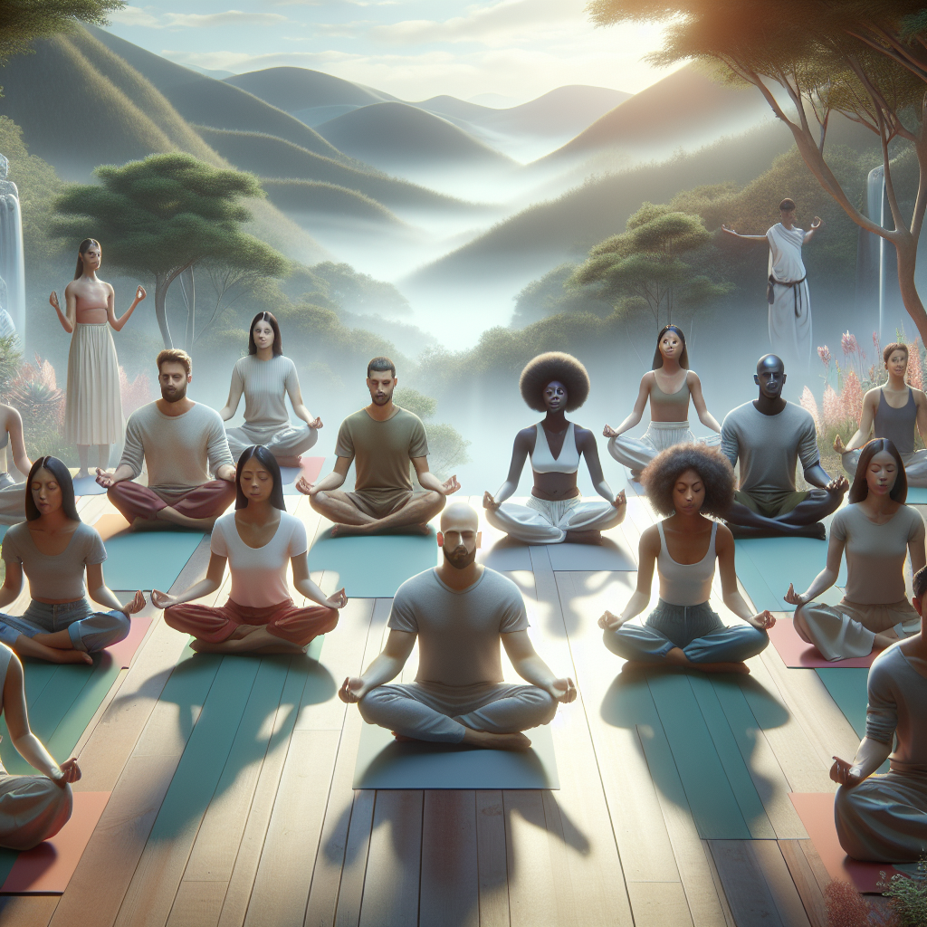 A peaceful scene depicting mindfulness practices such as meditation in a serene environment, with calming colors