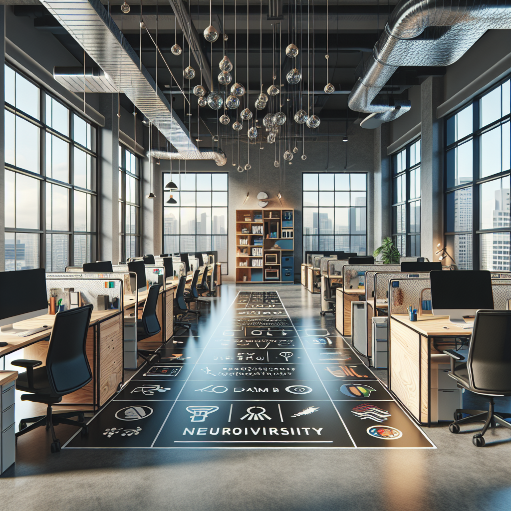 A modern office space designed for neurodiversity support featuring flexible workstations, sensory-friendly areas, and organizational tools