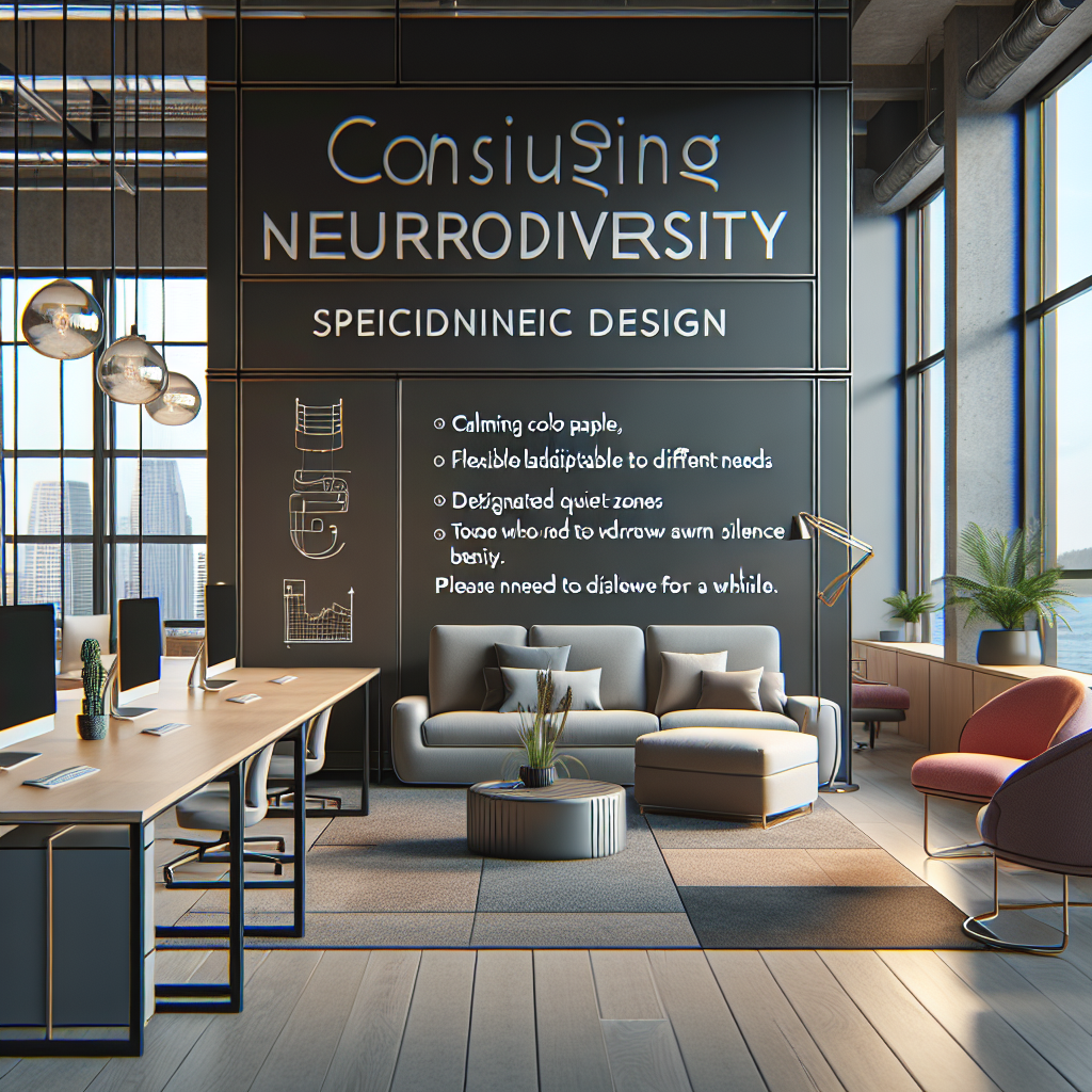 A modern office space designed for neurodiversity, featuring calming colors, flexible layouts, and quiet zones