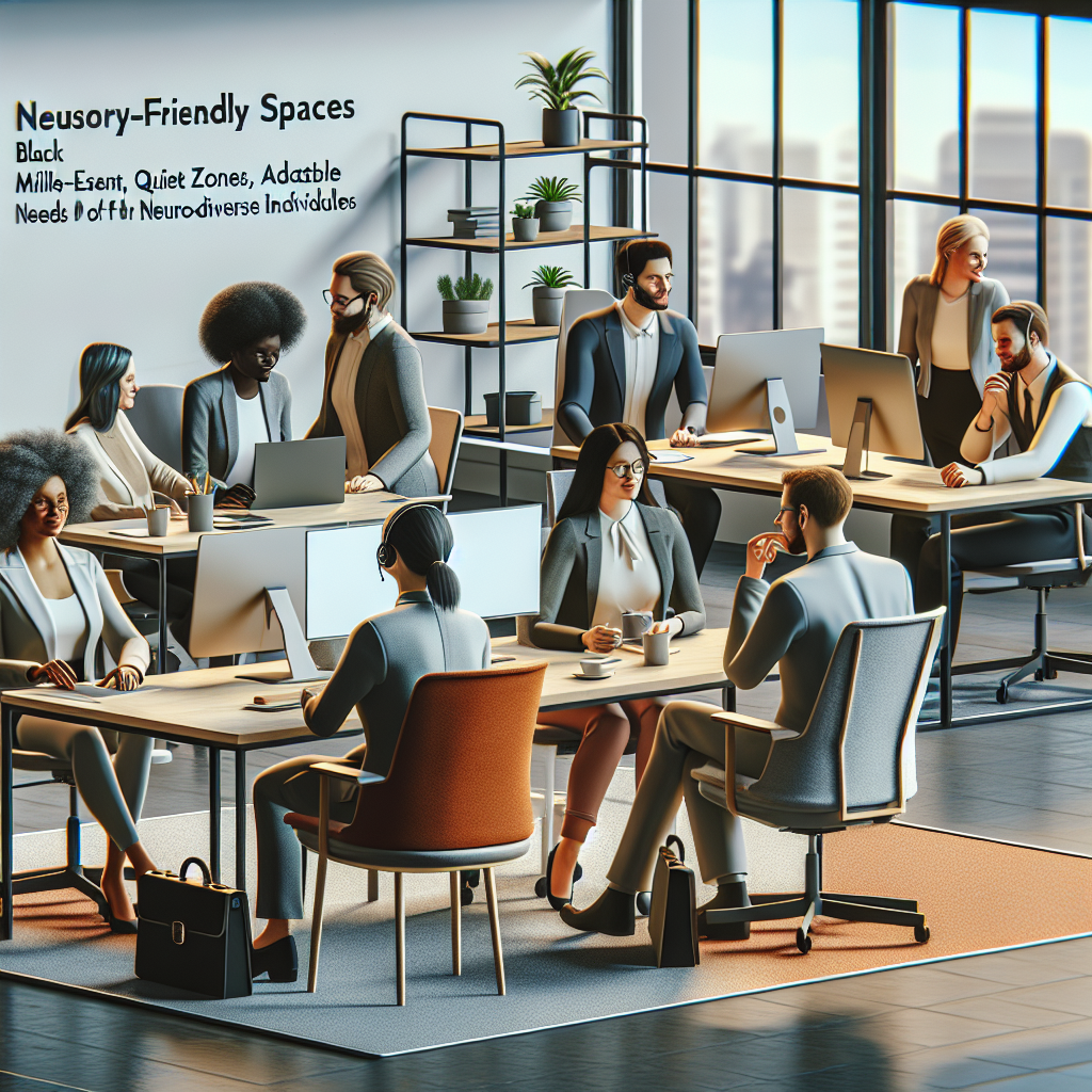 A diverse group of professionals collaborating in an open office space designed for neurodiversity support