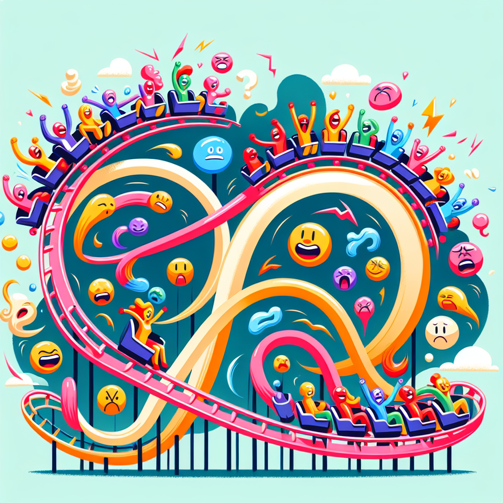 A whimsical illustration of a roller coaster with various emotions represented by colorful characters riding it
