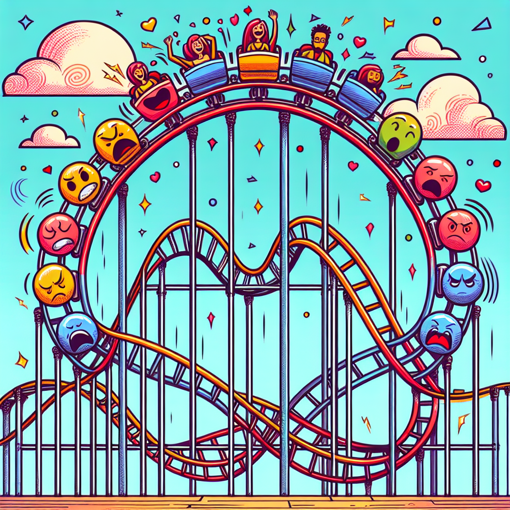 A colorful illustration showing a rollercoaster representing emotions with ups and downs, depicting various feelings like joy, anger, sadness along the track