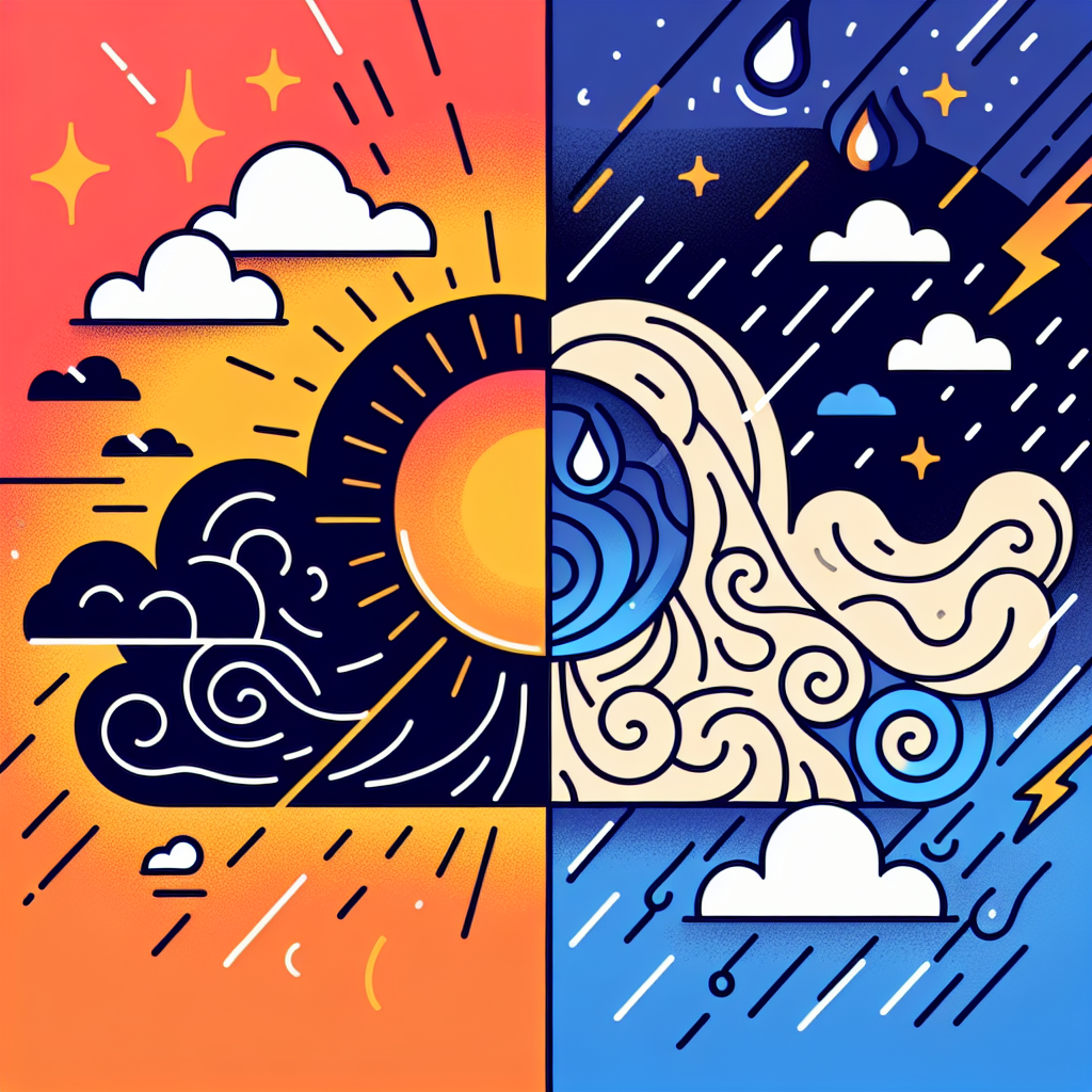 A vibrant illustration showing contrasting moods represented by weather elements like sun and rain clouds, symbolizing mood swings in ADHD