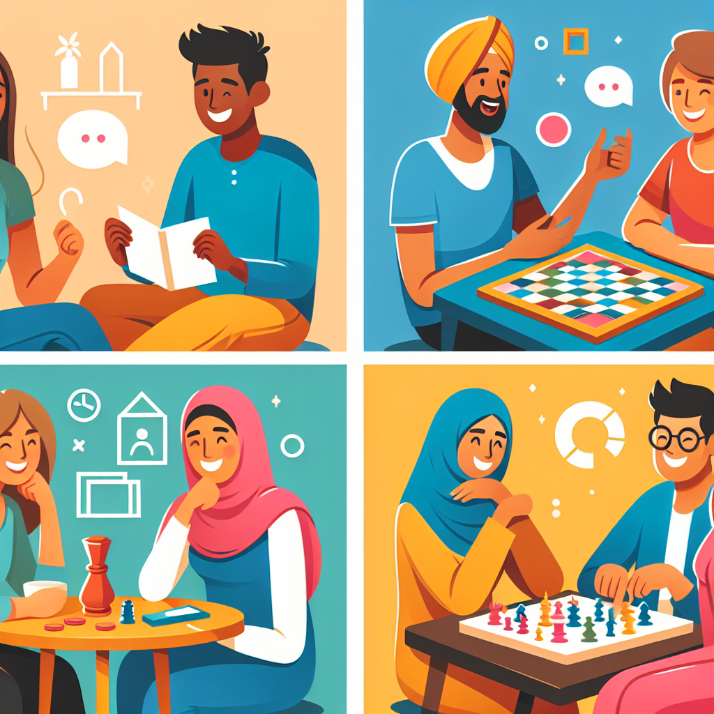 A colorful illustration of diverse adults engaging in various social activities, showcasing friendship and connection