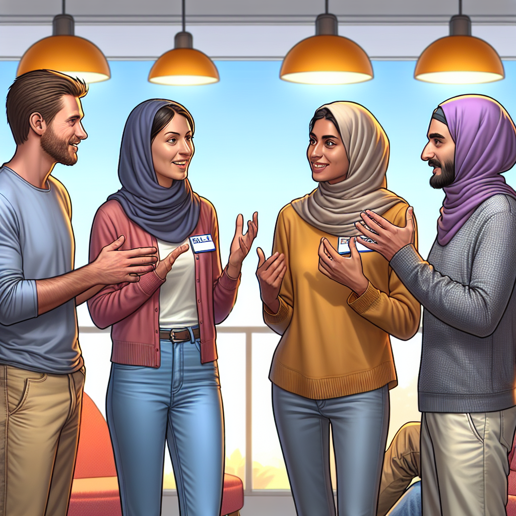 A group of diverse adults engaging in a lively conversation, showcasing body language and active listening, colorful setting