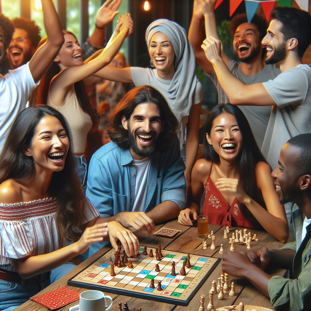 A diverse group of adults engaging in fun activities together, showcasing friendship and connection