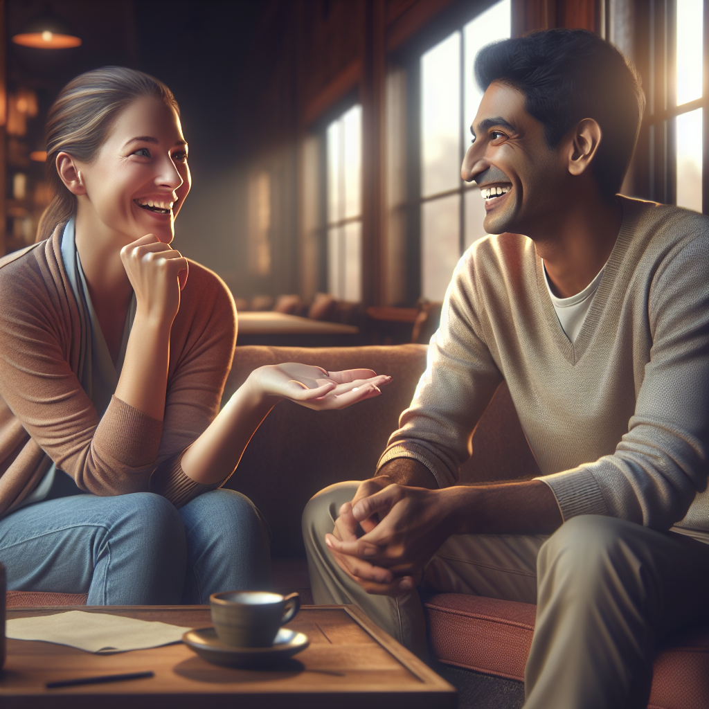 A couple sitting together at a cozy café discussing their relationship challenges with humor and empathy