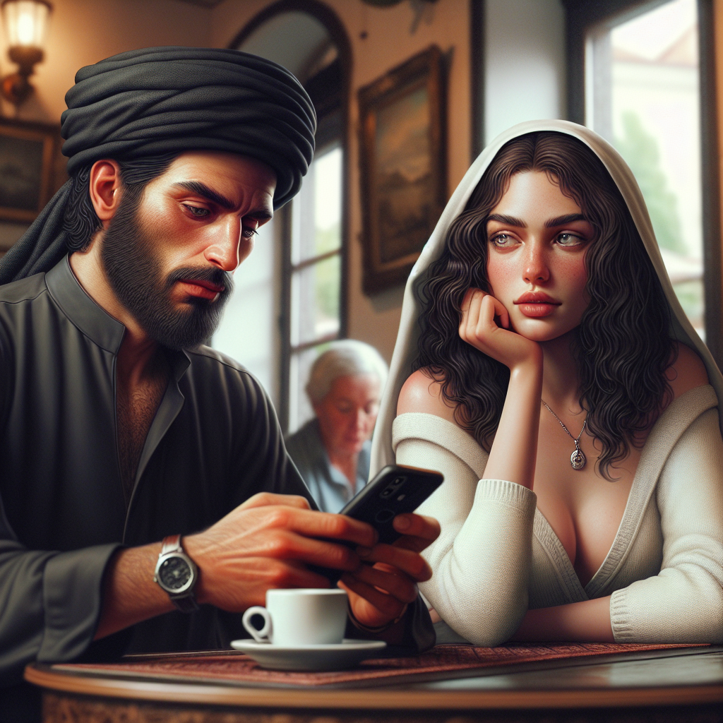 A diverse couple sitting at a table in a cozy café, engaged in conversation while one partner looks distracted by their phone