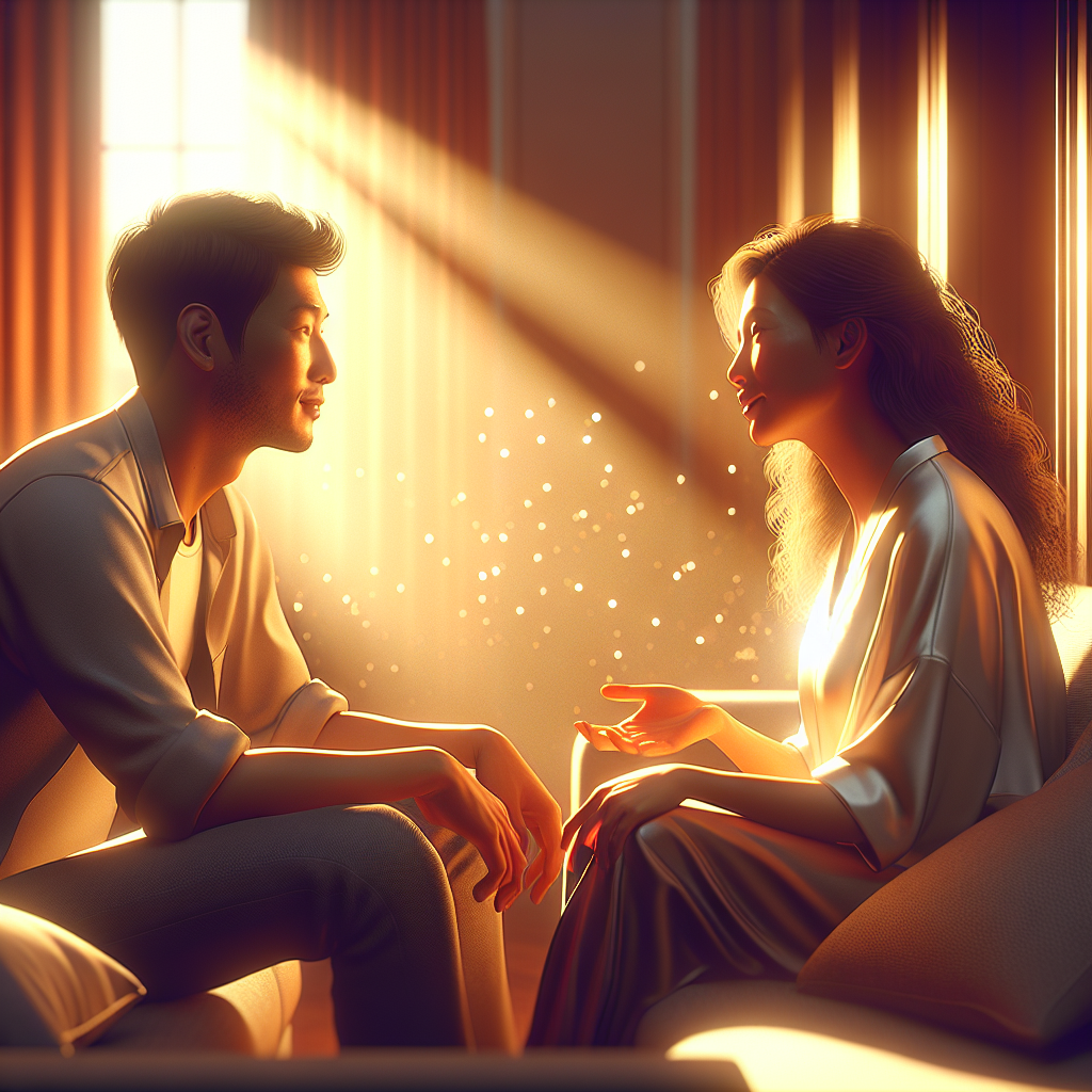 A couple sitting on a couch engaged in an open conversation, surrounded by soft lighting that creates an intimate atmosphere.