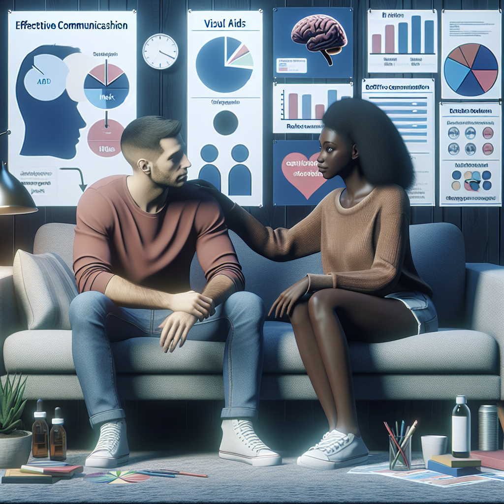 A couple sitting on a couch having a serious conversation with visual aids around them, like charts and lists, showing effective communication in relationships affected by ADHD