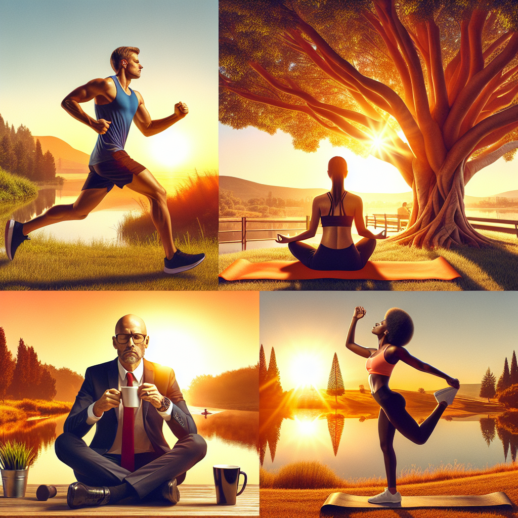 A bright and energizing morning scene featuring a diverse group of adults engaging in various productive activities such as meditation, exercise, and planning their day.