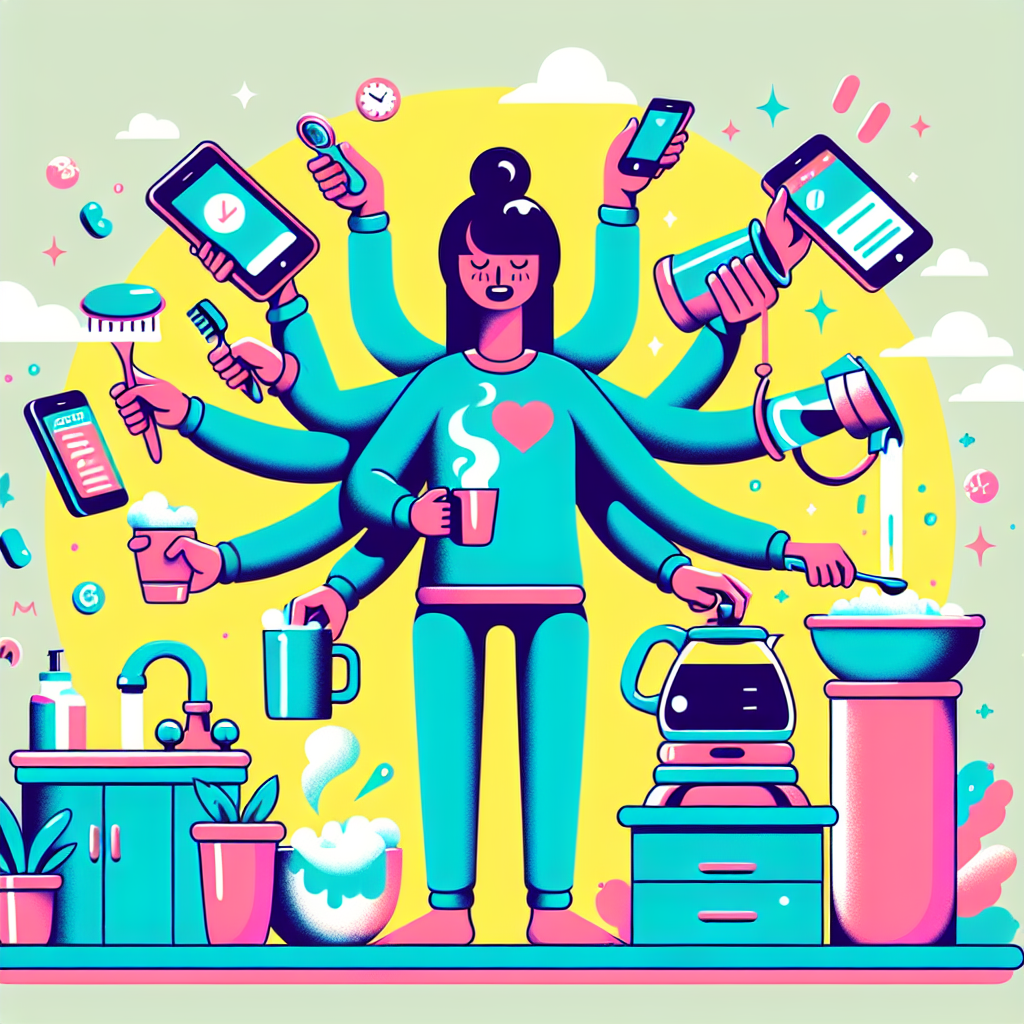A whimsical illustration of a person juggling various morning tasks like brushing teeth, making coffee, and checking a phone amidst colorful chaos
