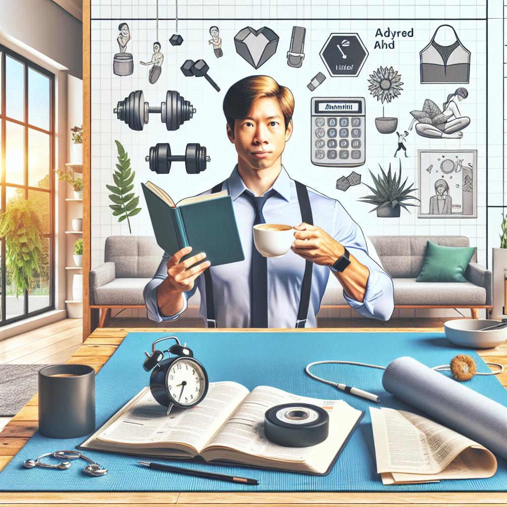 A vibrant morning scene showing an adult with ADHD enjoying a structured routine, including elements like a planner, coffee, exercise gear, and calming decorations