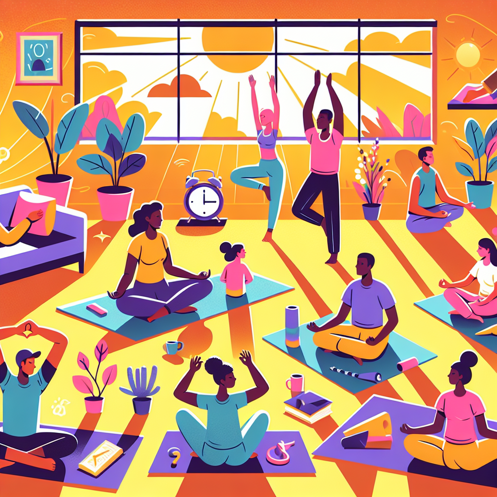 A vibrant illustration showing an energizing morning routine for adults with ADHD, featuring activities like meditation, stretching, and goal setting in a sunlit room.
