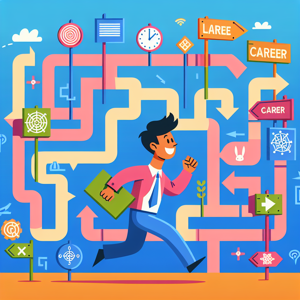 A person with ADHD happily navigating through a colorful maze representing their career journey, with signs pointing towards various professions