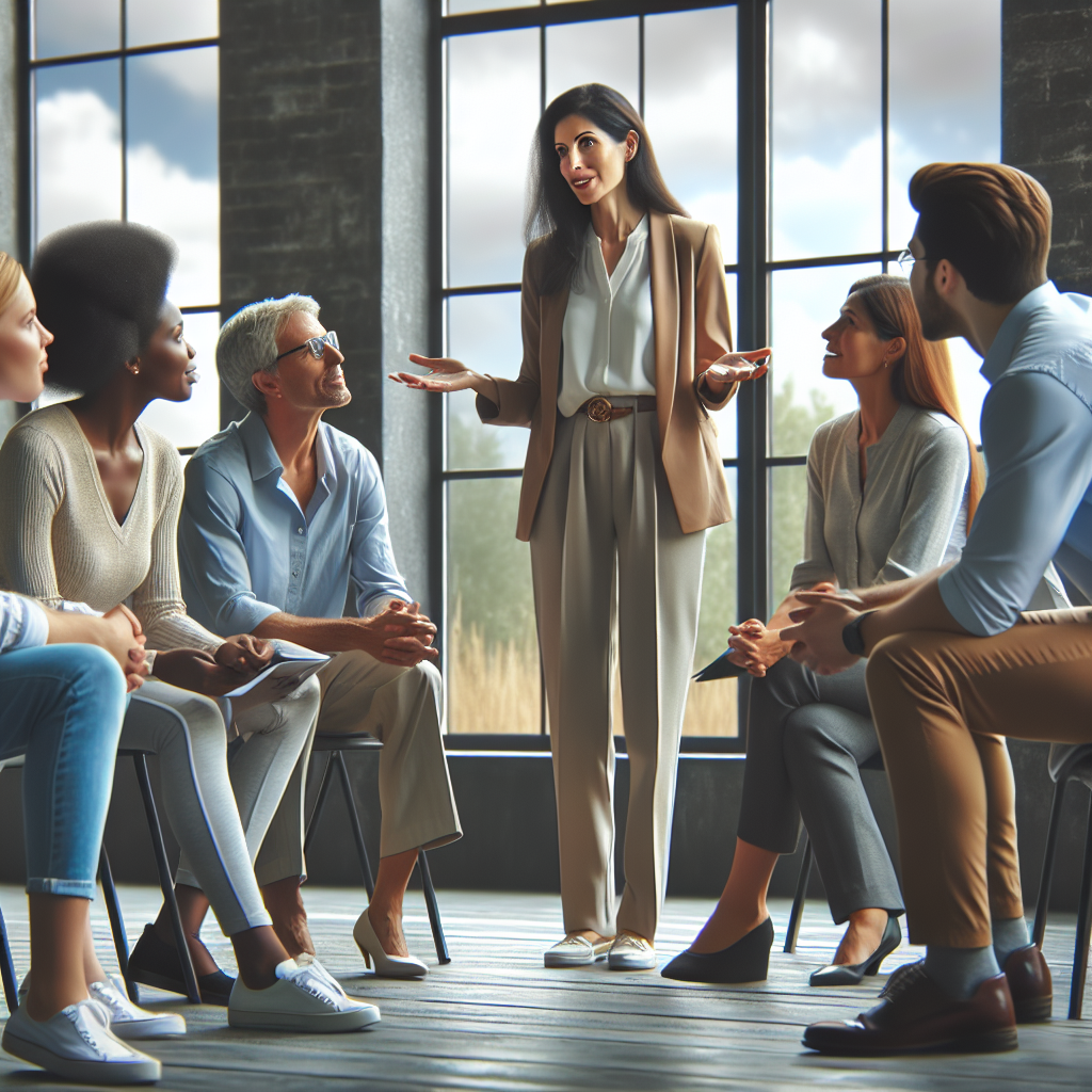 A diverse group of adults engaged in a coaching session focused on career development, showcasing interaction between coach and clients