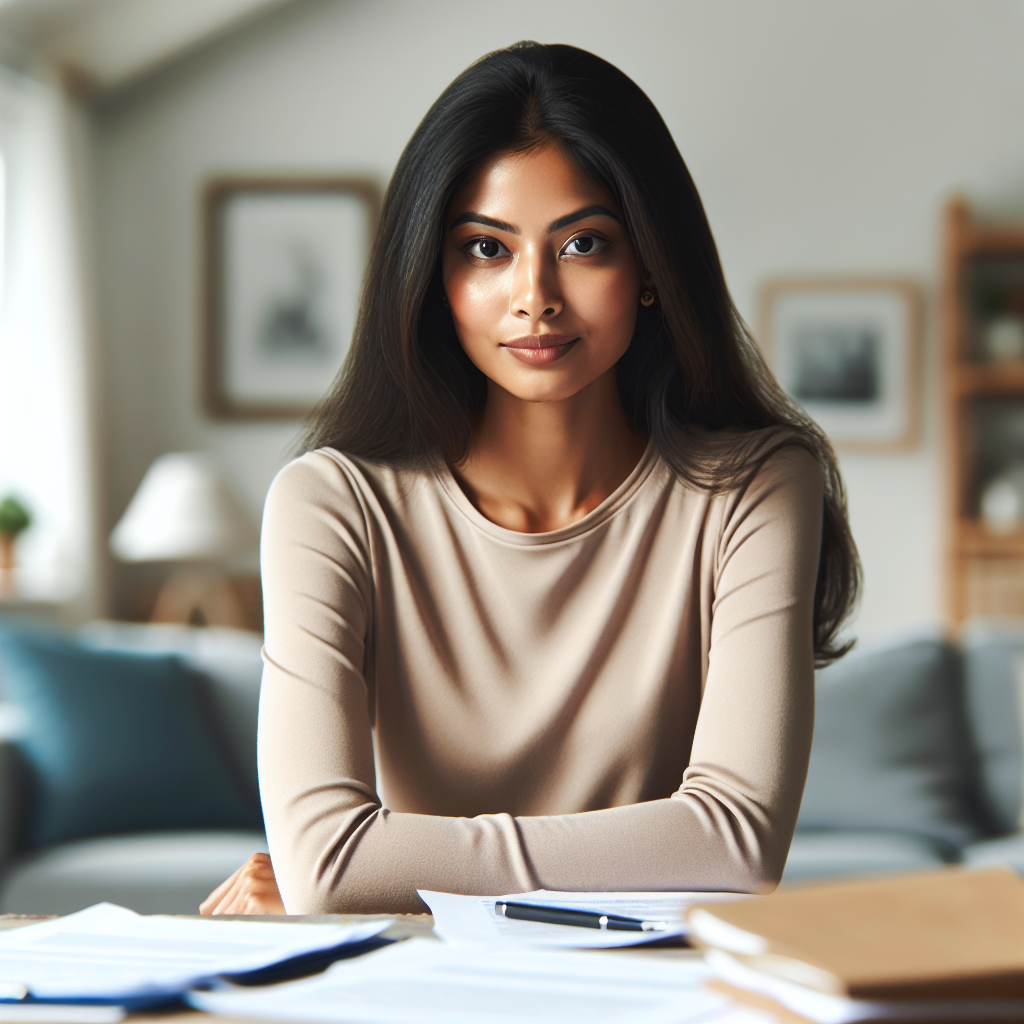A person preparing for a job interview at home, surrounded by notes and practice materials, looking confident and focused