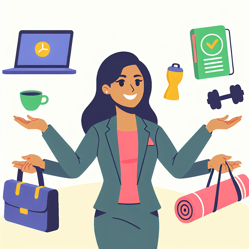 A colorful illustration of a person juggling various daily tasks like work, exercise, and relaxation techniques while smiling confidently