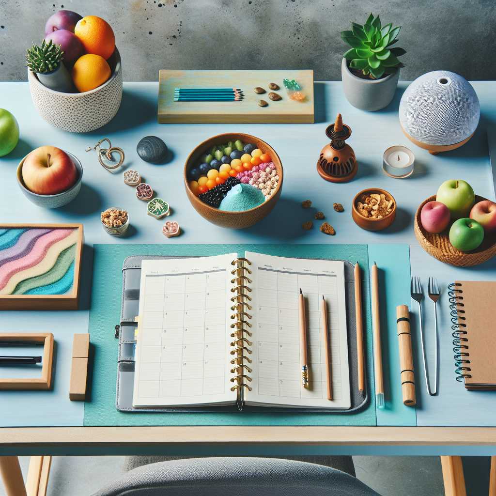 A serene workspace with calming colors, featuring planners, healthy snacks, and mindfulness tools