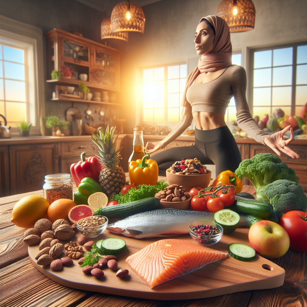 A vibrant kitchen with healthy foods like salmon, nuts, and vegetables on display; a person doing yoga in the background; warm lighting