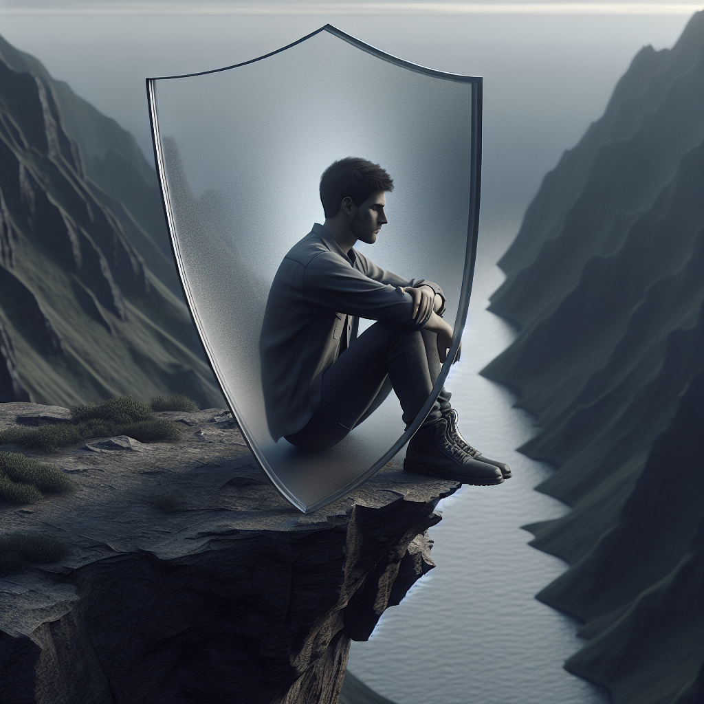 A young adult standing alone on a rocky cliff, looking resilient but isolated, with a protective shield symbolically surrounding them