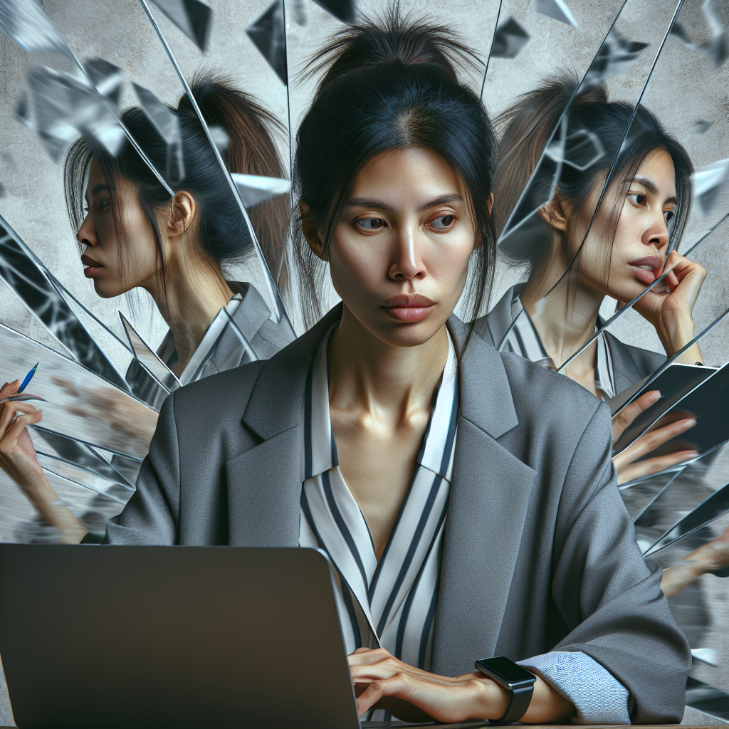 A worn-out professional woman balancing multiple tasks, looking exhausted with fractured mirror reflections showing emotional fragmentation
