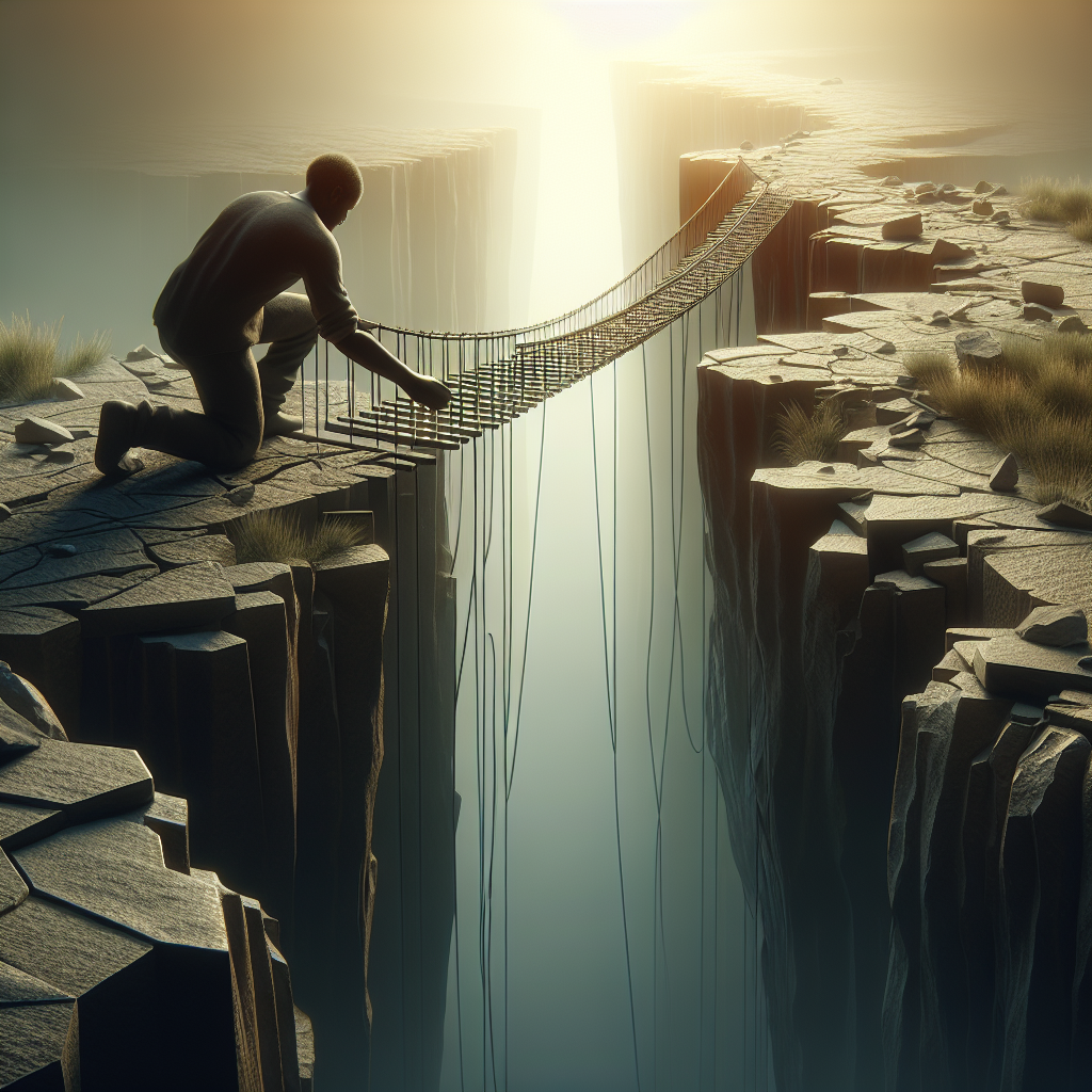 A person carefully building a bridge between two separated rocky platforms, symbolizing healing and reconnection after childhood neglect