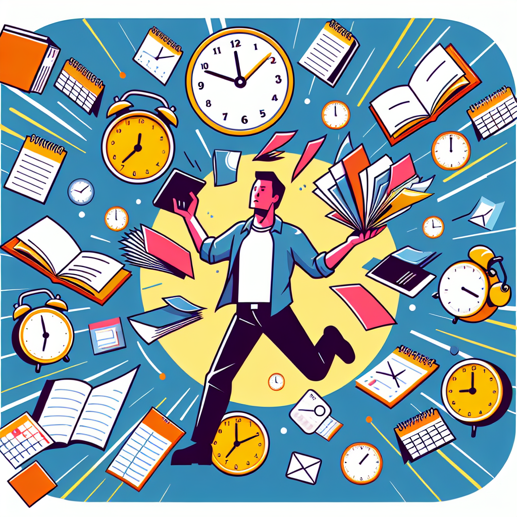 A colorful illustration depicting an adult with ADHD juggling various tasks while surrounded by clocks and calendars, symbolizing time management challenges