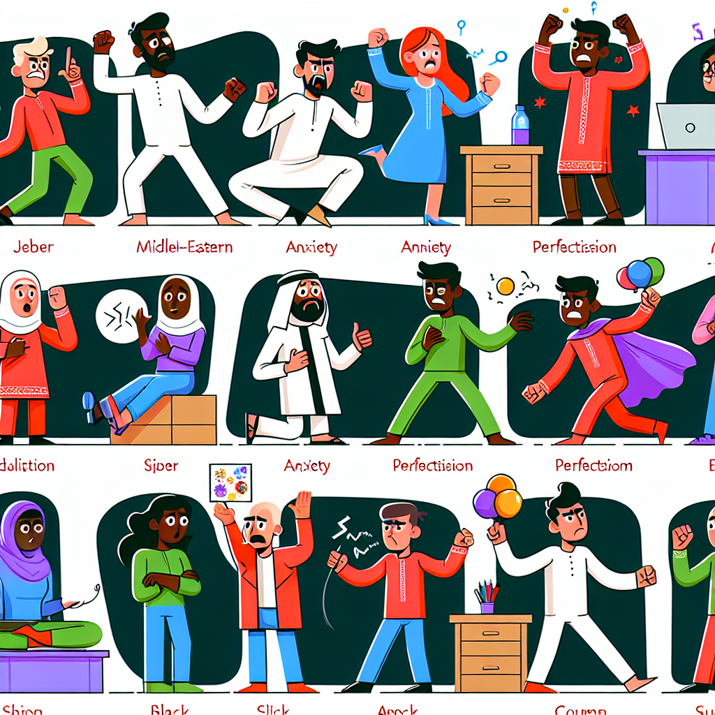 A colorful illustration depicting various emotions like anxiety and perfectionism represented by cartoon characters struggling with tasks